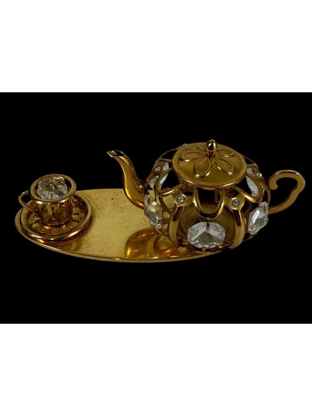 Crystal Delight 24K Gold Plated Tea Pot Cup Figurine Mascot USA Trinket Shelf